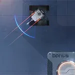 Un robot mic pe fundal albastru cu o platformă notată bonus și efect de lumini portocalii și albastre