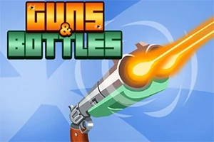 Textul Guns & Bottles și un pistol care trage, pe un fundal albastru cu efecte de lumină