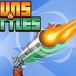 Textul Guns & Bottles și un pistol care trage, pe un fundal albastru cu efecte de lumină