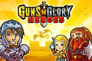 Un cavaler, o vrăjitoare și un pitic stau în fața unui castel cu un dragon în fundal și textul GunsnGlory Heroes deasupra
