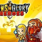 Un cavaler, o vrăjitoare și un pitic stau în fața unui castel cu un dragon în fundal și textul GunsnGlory Heroes deasupra