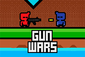 Două personaje pixelate, unul roșu cu o armă și unul albastru, pe un fundal de joc cu text „GUN WARS” în partea de jos