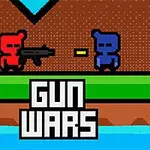 Două personaje pixelate, unul roșu cu o armă și unul albastru, pe un fundal de joc cu text „GUN WARS” în partea de jos