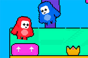 Două personaje pixelate, unul roșu și unul albastru, se află pe o platformă colorată cu o coroană aurie și un cufăr roz