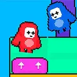 Două personaje pixelate, unul roșu și unul albastru, se află pe o platformă colorată cu o coroană aurie și un cufăr roz