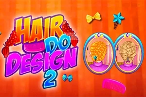 Text colorat Hair Do Design 2 pe fundal portocaliu, cu două imagini mici cu stiluri de coafuri și funde colorate