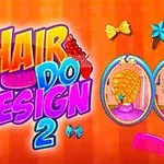Text colorat Hair Do Design 2 pe fundal portocaliu, cu două imagini mici cu stiluri de coafuri și funde colorate