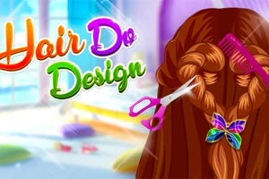 Păr roșcat împletit cu o fundiță colorată, un pieptene roz și o foarfecă, pe un fundal colorat și text Hair Do Design
