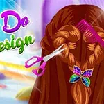Păr roșcat împletit cu o fundiță colorată, un pieptene roz și o foarfecă, pe un fundal colorat și text Hair Do Design