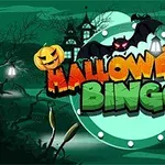 Textul Halloween Bingo este ilustrat pe un fundal înfricoșător cu lilieci, dovleci sculptați și o casă bântuită