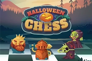 Elemente de piese de șah cu tematică de Halloween, inclusiv un rege cu barbă, un cal cu cap de dragon și o regină vârcolac, pe un fundal de pădure în amurg