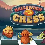 Elemente de piese de șah cu tematică de Halloween, inclusiv un rege cu barbă, un cal cu cap de dragon și o regină vârcolac, pe un fundal de pădure în amurg