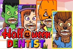 Monștri cu aparate dentare și expresii comice în costume de Halloween, cu titlul Halloween Dentist