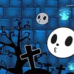 Fantome desenate într-un cimitir animat, cu un fundal albastru, un copac uscat, cruci și o pânză de păianjen