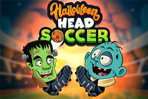 Două personaje cu capete de monștri, unul verde și unul albastru, zâmbesc pe un fundal de stadion iluminat, cu text de Halloween deasupra