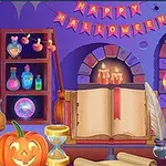 Scenă de Halloween cu o carte deschisă pe o masă, dovleac, lămpi și pocale colorate, într-o cameră decorată