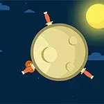 Lună luminoasă cu cratere, înconjurată de trei cuțite și un cer de noapte cu stele și nor, alături de un soare galben strălucitor