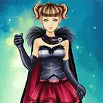Fată animată cu păr prins și vestimentație gotică, incluzând corset negru, fustă roșie și pelerină