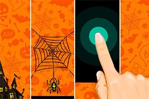 Deget care apasă pe un ecran tactil cu decor tematic de Halloween, incluzând un păianjen și un fundal portocaliu cu pânze de păianjen