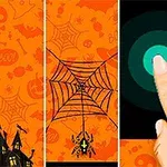 Deget care apasă pe un ecran tactil cu decor tematic de Halloween, incluzând un păianjen și un fundal portocaliu cu pânze de păianjen
