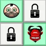 O grilă cu șase pătrate conținând două fețe emoji diferite, fetze de monstru și două simboluri de lacăt