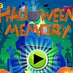 Cuvintele „Halloween Memory” sunt afișate deasupra unui fundal cu cimitir, cruci și dovleci, având un buton de play în centru