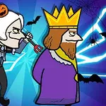 Un personaj mascat cu o pălărie de Halloween ține un trident și se apropie de un rege cu o coroană aurie, pe un fundal albastru electrizant cu lilieci și pânze de păianjen