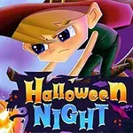 Vrajitor pe o mătură zburătoare în noaptea de Halloween, cu un dovleac luminat lângă un castel întunecat
