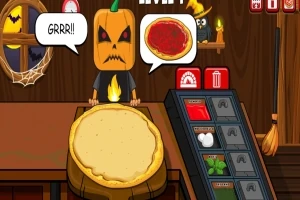 Personaj cu cap de dovleac furios într-o bucătărie, cerând sos de roșii pentru o pizza, cu un fundal decorat de Halloween