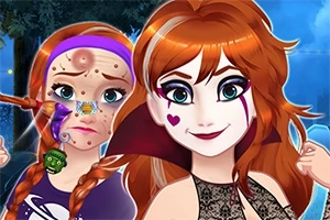 Două personaje feminine, una machiată dramatic cu un costum de vampir și cealaltă cu o trusă medicală pe față, având afecțiuni ale pielii