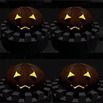Dovleci de Halloween cu față luminată în galben, așezați pe platforme întunecate