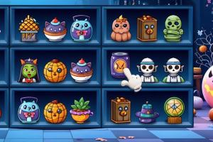 Raft cu diverse figurine și obiecte tematice de Halloween, inclusiv pisici în borcane, dovleci, mumii și un indicator în formă de mână