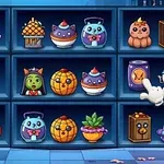 Raft cu diverse figurine și obiecte tematice de Halloween, inclusiv pisici în borcane, dovleci, mumii și un indicator în formă de mână
