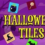 Un fundal violet cu elemente de Halloween, inclusiv un cazan, o acadea, o fantomă, o pălărie de vrăjitoare, un dovleac și un liliac, alături de textul Halloween Tiles