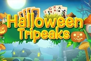 Textul Halloween Tripeaks este prezentat pe un fundal tematic de Halloween, cu dovleci sculptați și un aranjament de cărți de joc