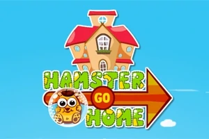 Imaginea prezintă o casă desenată stilizat cu acoperiș roșu, un hamster într-o bulă, și o săgeată portocalie cu textul Hamster Go Home pe un fundal albastru deschis