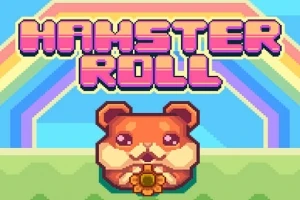 Text roz Hamster Roll deasupra unui hamster simpatic cu un curcubeu în fundal