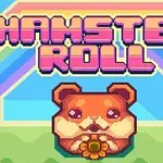Text roz Hamster Roll deasupra unui hamster simpatic cu un curcubeu în fundal