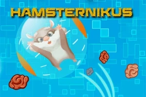 Un hamster într-o sferă de culoare albastră, înconjurat de forme portocalii și creiere animate pe un fundal albastru cu modele geometrice