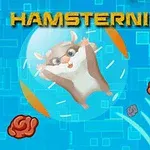 Un hamster într-o sferă de culoare albastră, înconjurat de forme portocalii și creiere animate pe un fundal albastru cu modele geometrice