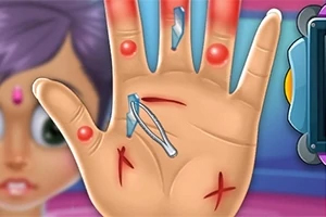 Hand Doctor Mână deschisă cu tăieturi, așchii și umflături, având în fundal un personaj animat parțial vizibil