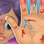 Hand Doctor Mână deschisă cu tăieturi, așchii și umflături, având în fundal un personaj animat parțial vizibil