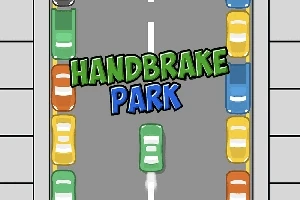Textul Handbrake Park este afișat pe un drum cu mașini parcate colorate pe margini