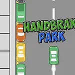 Textul Handbrake Park este afișat pe un drum cu mașini parcate colorate pe margini