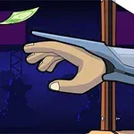 O mână întinsă sub o ghilotină, cu un dolar plutind deasupra, pe un fundal albastru