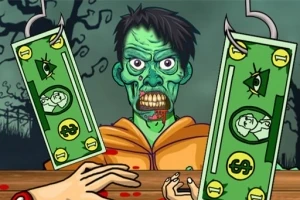 Un zombie verde cu un hanorac portocaliu este prins între două cârlige cu bani, având un fundal întunecat și înfricoșător
