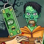 Un zombie verde cu un hanorac portocaliu este prins între două cârlige cu bani, având un fundal întunecat și înfricoșător