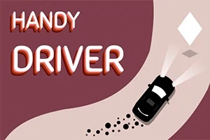 Mașină neagră derivând pe un drum curbat cu farurile aprinse, însoțită de textul „Handy Driver”