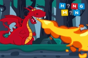Un dragon roșu care scuipă foc într-o pădure întunecată, cu litere colorate în fundal