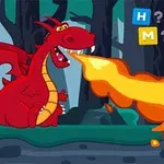 Un dragon roșu care scuipă foc într-o pădure întunecată, cu litere colorate în fundal